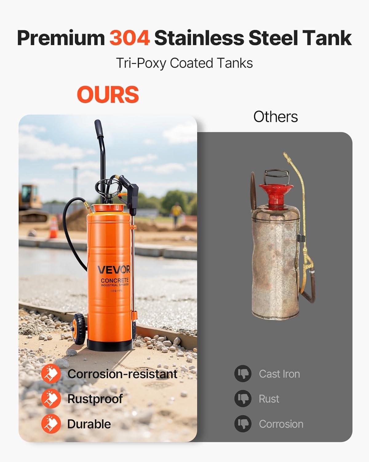 image:imageVEVOR Industrial Concrete Sprayer with Wheeled Cart 35 Gallon Stainless Steel Sprayer Heavy Duty TriPoxy Pump Sprayers 205Wand 48 amp 120Hoses 2 Brass Nozzles for Construction Lawn amp Garden45 Gal with Cart