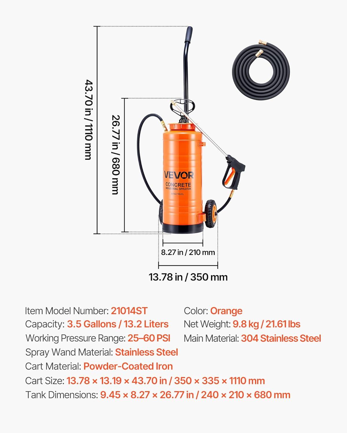 image:imageVEVOR Industrial Concrete Sprayer with Wheeled Cart 35 Gallon Stainless Steel Sprayer Heavy Duty TriPoxy Pump Sprayers 205Wand 48 amp 120Hoses 2 Brass Nozzles for Construction Lawn amp Garden35 Gal with Cart