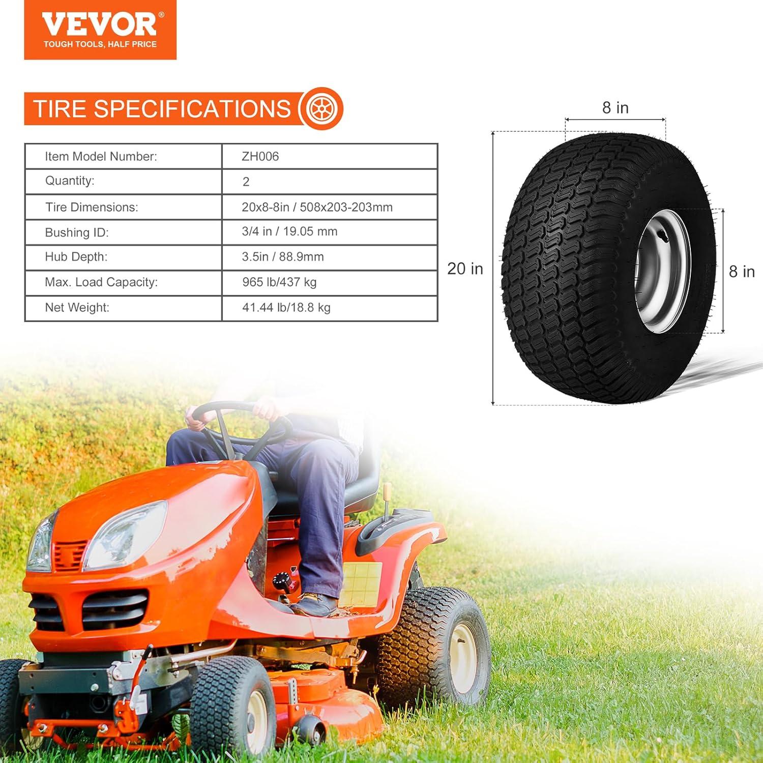 image:imageVEVOR Lawn Mower Tires with Rim 20x88 Tubeless Tractor Tires 2Pack Tire and Wheel Assembly STurf Pneumatic Tires with 35 Offset Hub and 34 Bushing Size for Riding Mowers Lawn TractorsTubeless with Rim