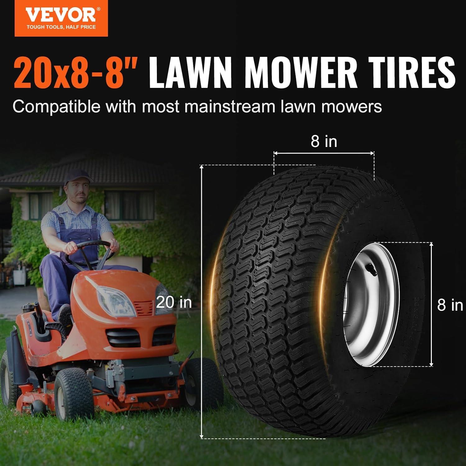 image:imageVEVOR Lawn Mower Tires with Rim 20x88 Tubeless Tractor Tires 2Pack Tire and Wheel Assembly STurf Pneumatic Tires with 35 Offset Hub and 34 Bushing Size for Riding Mowers Lawn TractorsTubeless with Rim