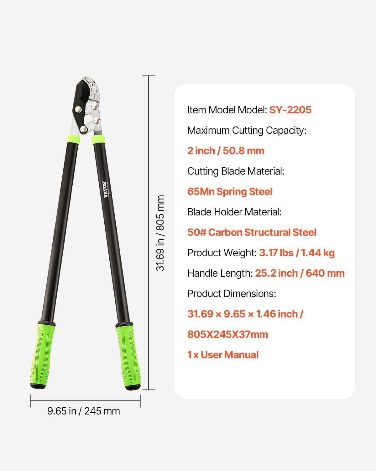 image:imageVEVOR Loppers for Tree Trimming 32 inch Garden Anvil Trimmer with Compound Action Sharp Steel Blade Heavy Duty Tree Branch Cutter Up to 2 inch Dia Cut Capacity Ergonomically Designed Handles