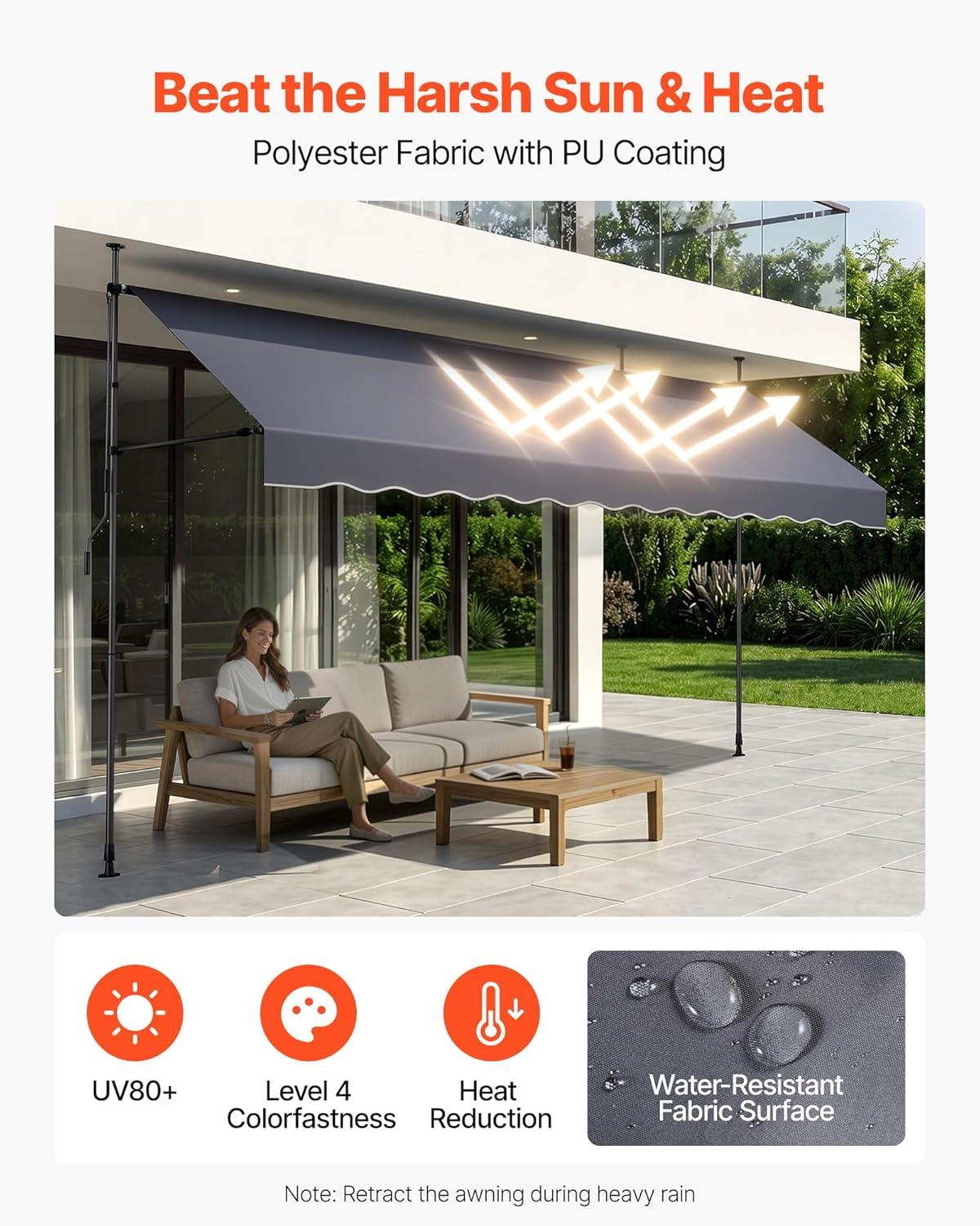 image:imageVEVOR Manual Retractable Awning 157 Outdoor Retractable Patio Awning Sunshade Shelter Height Adjustable Patio Door Window Canopy with Manual Crank Handle for Backyard Garden Balcony Dark Gray