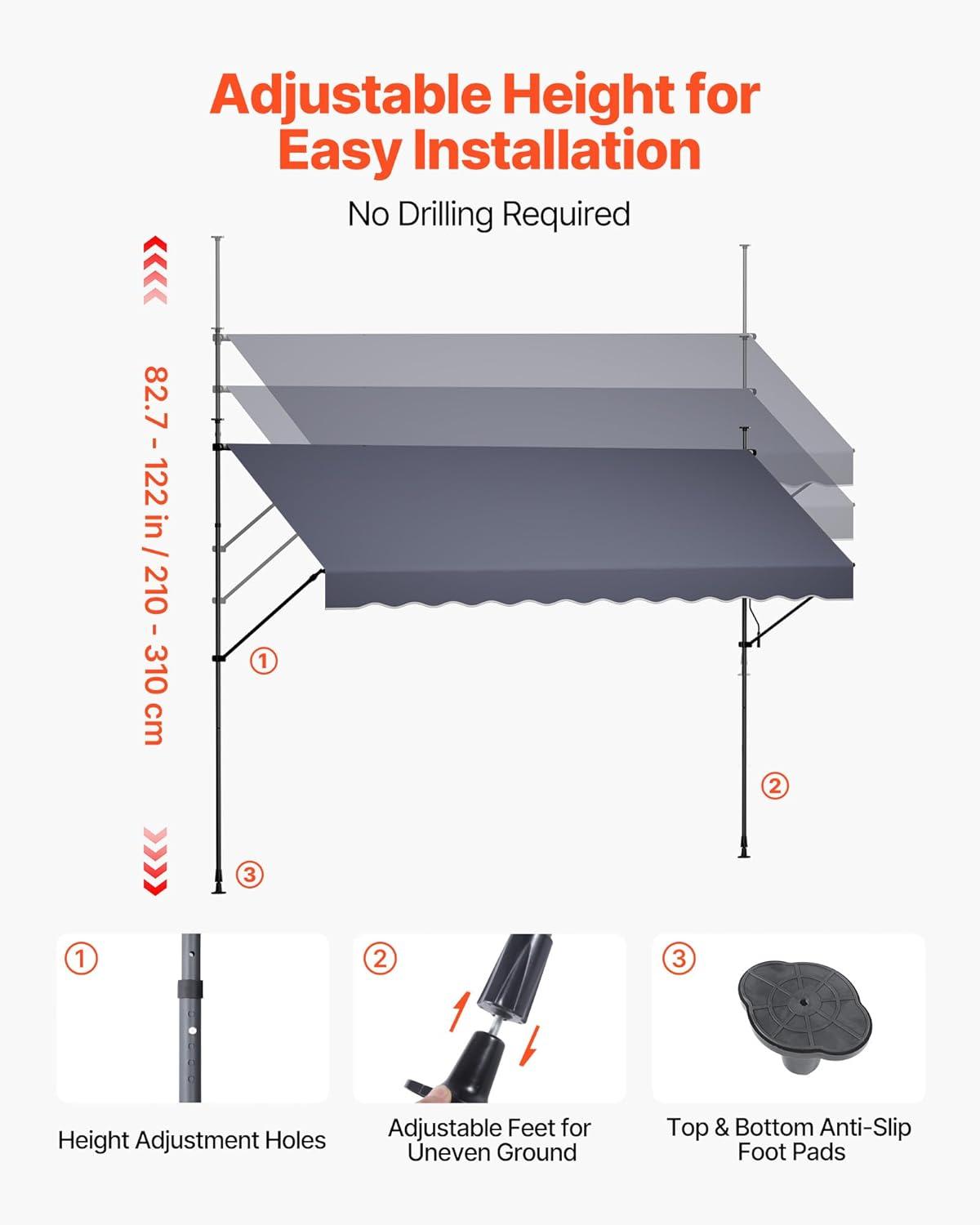 image:imageVEVOR Manual Retractable Awning 157 Outdoor Retractable Patio Awning Sunshade Shelter Height Adjustable Patio Door Window Canopy with Manual Crank Handle for Backyard Garden Balcony Dark Gray