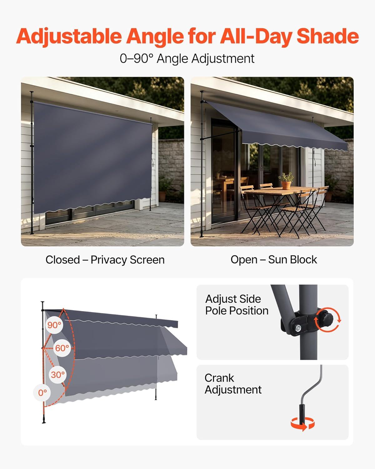 image:imageVEVOR Manual Retractable Awning 157 Outdoor Retractable Patio Awning Sunshade Shelter Height Adjustable Patio Door Window Canopy with Manual Crank Handle for Backyard Garden Balcony Dark Gray