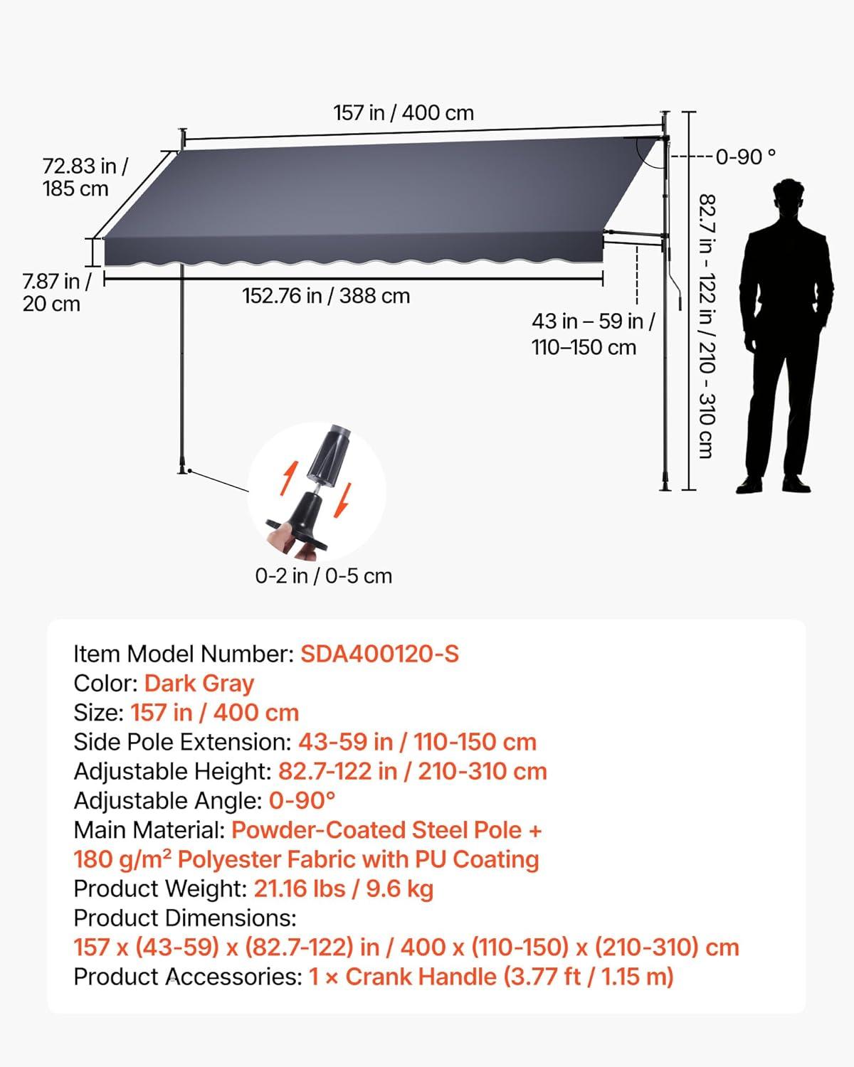 image:imageVEVOR Manual Retractable Awning 157 Outdoor Retractable Patio Awning Sunshade Shelter Height Adjustable Patio Door Window Canopy with Manual Crank Handle for Backyard Garden Balcony Dark Gray