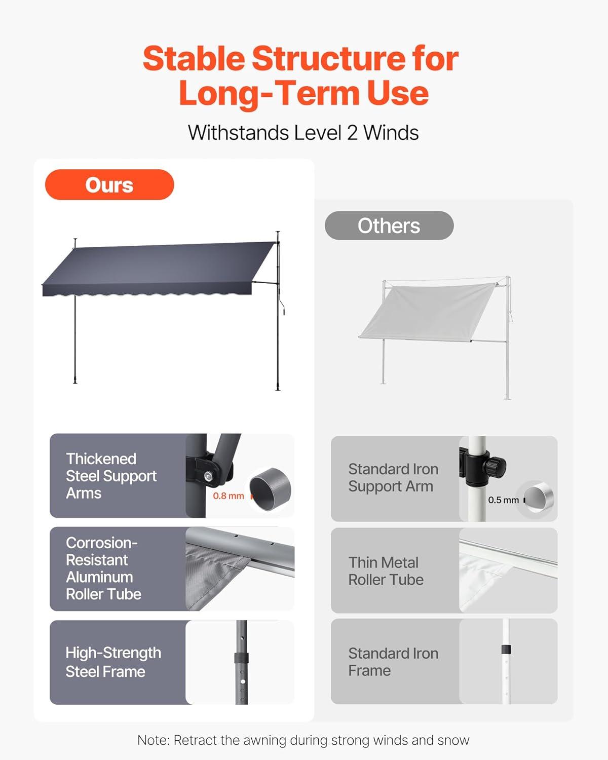 image:imageVEVOR Manual Retractable Awning 157 Outdoor Retractable Patio Awning Sunshade Shelter Height Adjustable Patio Door Window Canopy with Manual Crank Handle for Backyard Garden Balcony Dark Gray