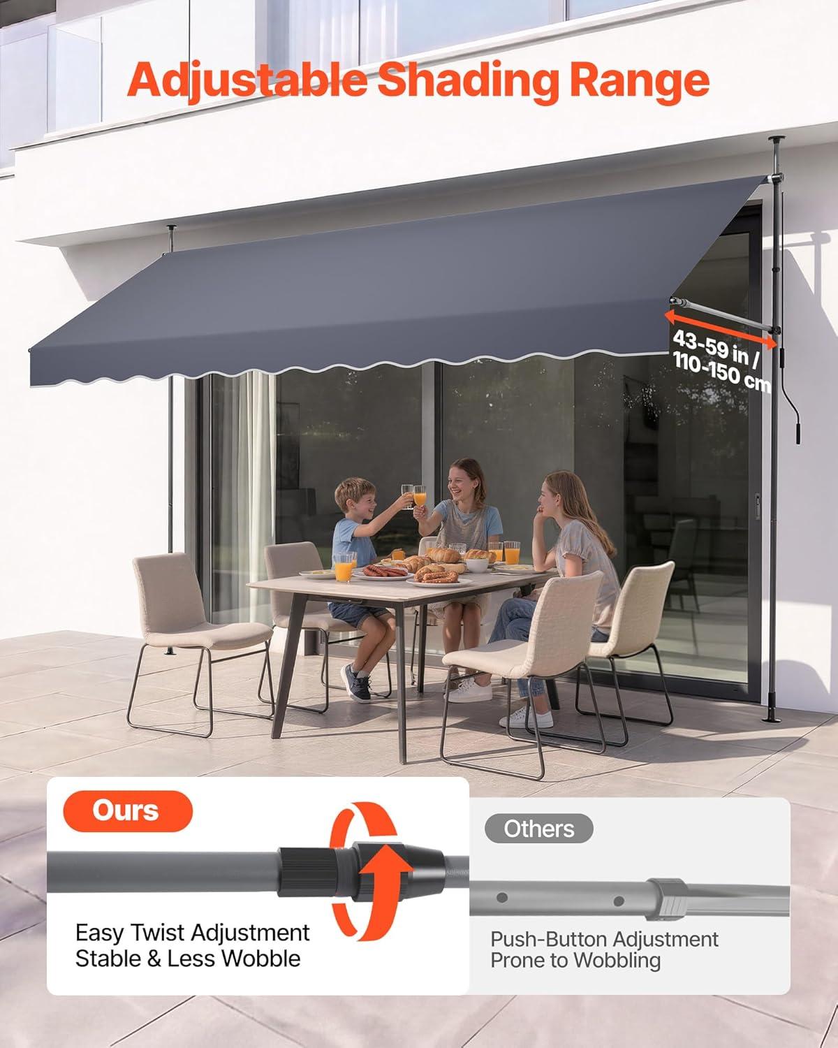 image:imageVEVOR Manual Retractable Awning 157 Outdoor Retractable Patio Awning Sunshade Shelter Height Adjustable Patio Door Window Canopy with Manual Crank Handle for Backyard Garden Balcony Dark Gray