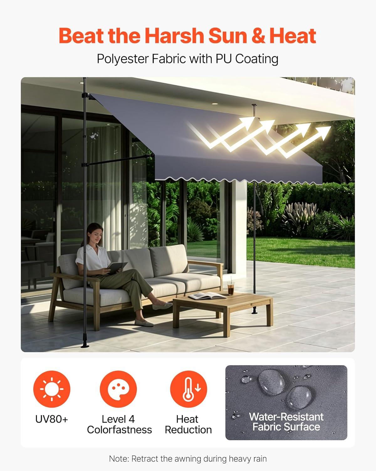 image:imageVEVOR Manual Retractable Awning 98 Outdoor Retractable Patio Awning Sunshade Shelter Height Adjustable Patio Door Window Canopy with Manual Crank Handle for Backyard Garden Balcony Dark Gray