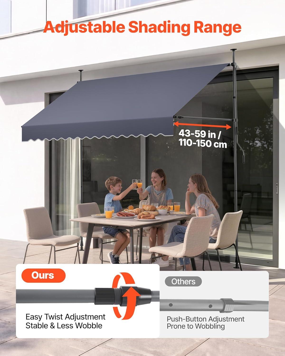 image:imageVEVOR Manual Retractable Awning 98 Outdoor Retractable Patio Awning Sunshade Shelter Height Adjustable Patio Door Window Canopy with Manual Crank Handle for Backyard Garden Balcony Dark Gray