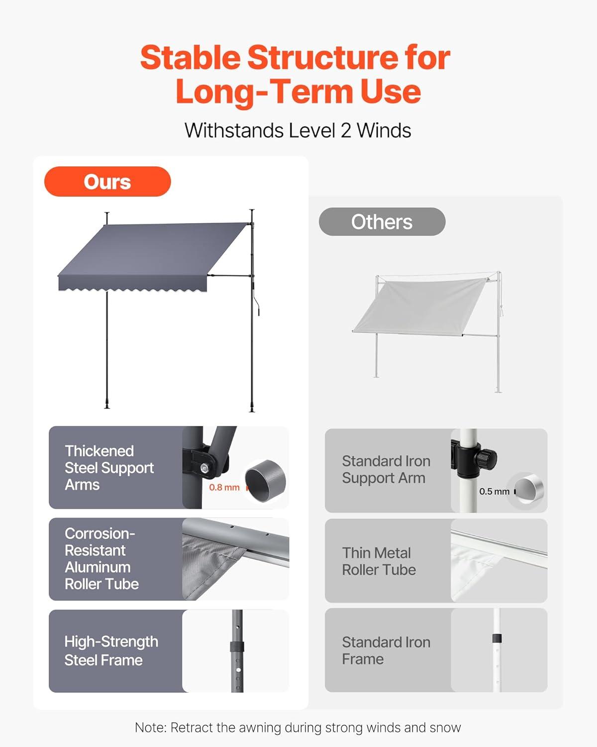 image:imageVEVOR Manual Retractable Awning 98 Outdoor Retractable Patio Awning Sunshade Shelter Height Adjustable Patio Door Window Canopy with Manual Crank Handle for Backyard Garden Balcony Dark Gray