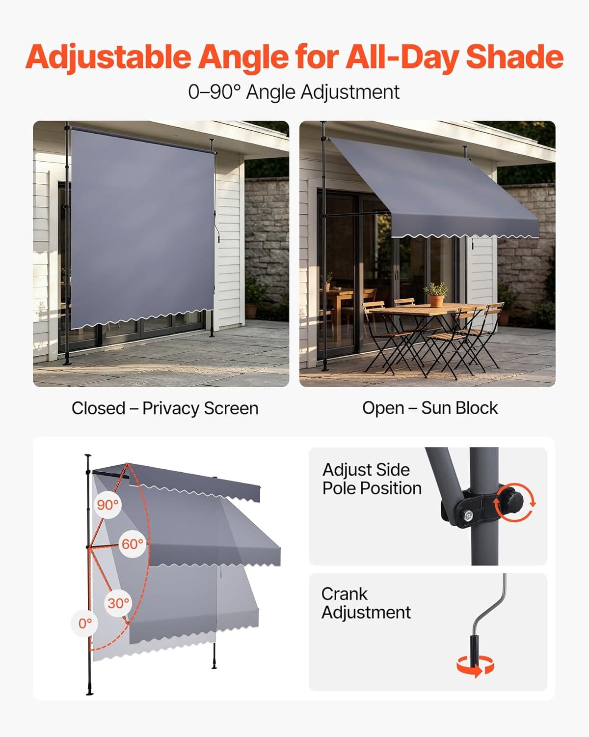 image:imageVEVOR Manual Retractable Awning 98 Outdoor Retractable Patio Awning Sunshade Shelter Height Adjustable Patio Door Window Canopy with Manual Crank Handle for Backyard Garden Balcony Dark Gray