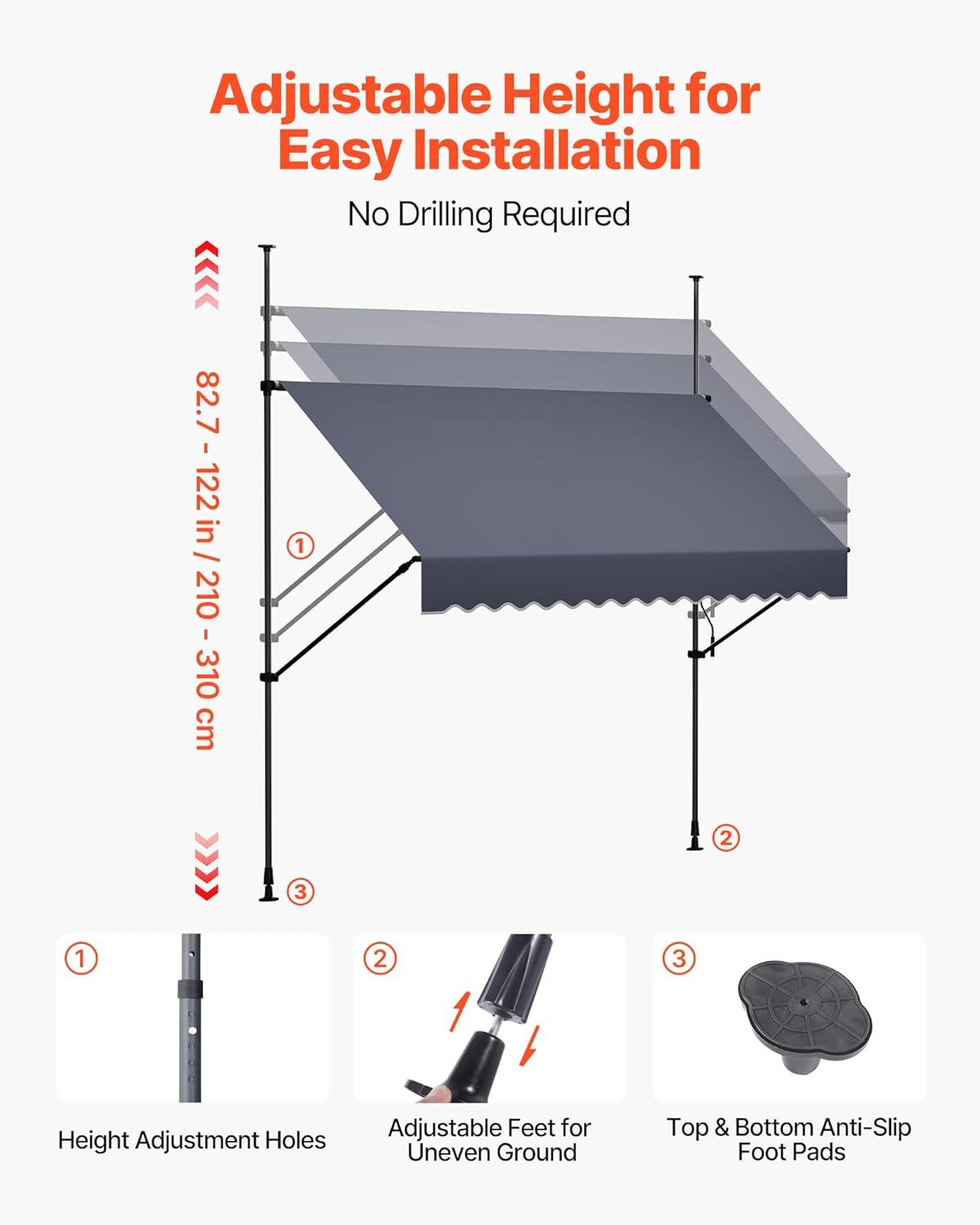 image:imageVEVOR Manual Retractable Awning 98 Outdoor Retractable Patio Awning Sunshade Shelter Height Adjustable Patio Door Window Canopy with Manual Crank Handle for Backyard Garden Balcony Dark Gray