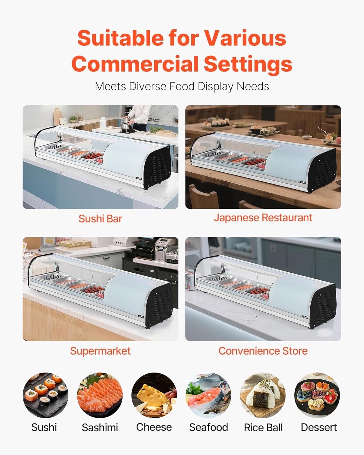 image:imageVEVOR Sushi Display Case Refrigerator 22 Cuft Commercial Sushi Case 6Pan Countertop Showcase with Curved Glass LED Lighting and Digital Temperature Control for SushiBar Restaurant Store5276in 5 Pan