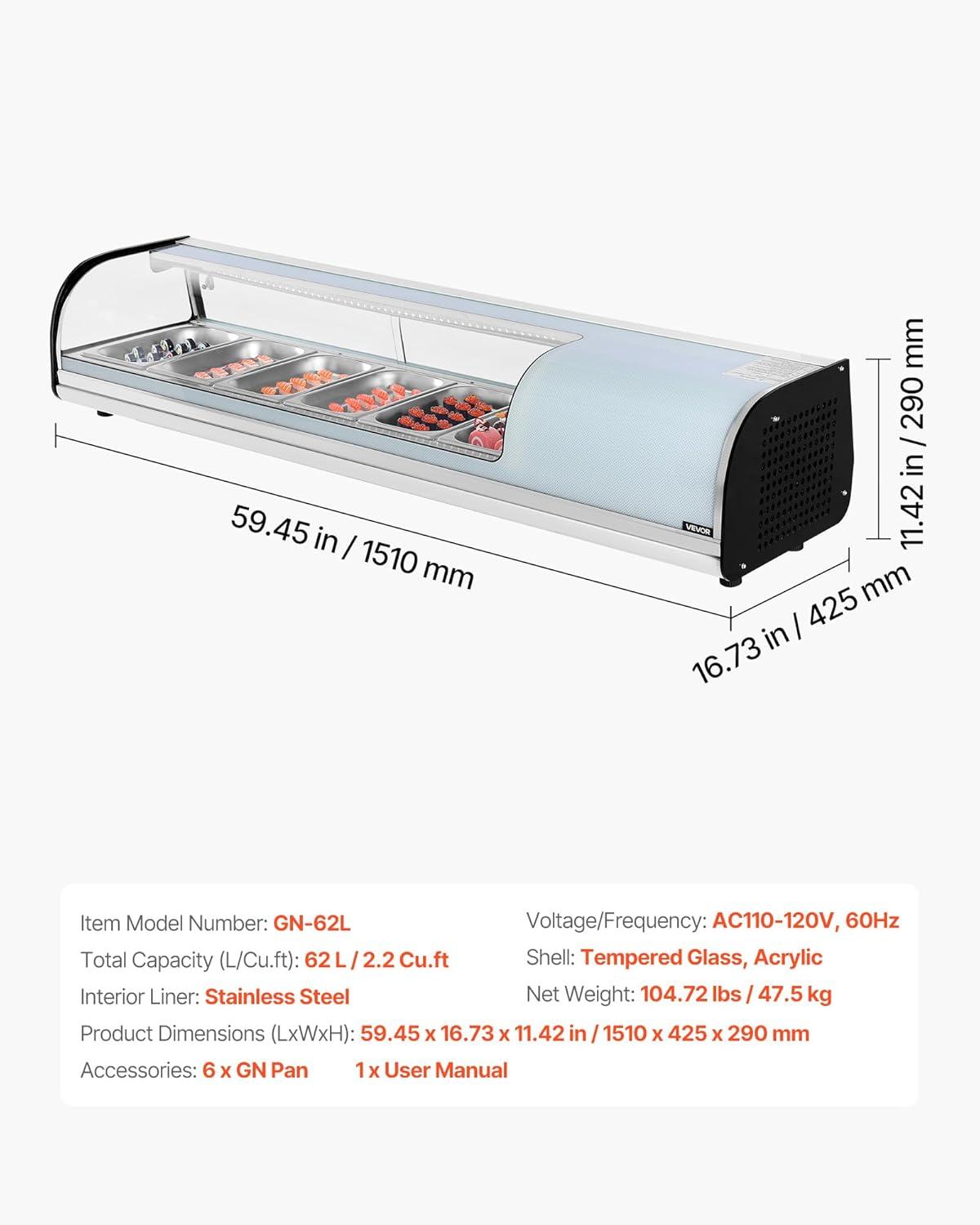 image:imageVEVOR Sushi Display Case Refrigerator 22 Cuft Commercial Sushi Case 6Pan Countertop Showcase with Curved Glass LED Lighting and Digital Temperature Control for SushiBar Restaurant Store5945in 6 Pan