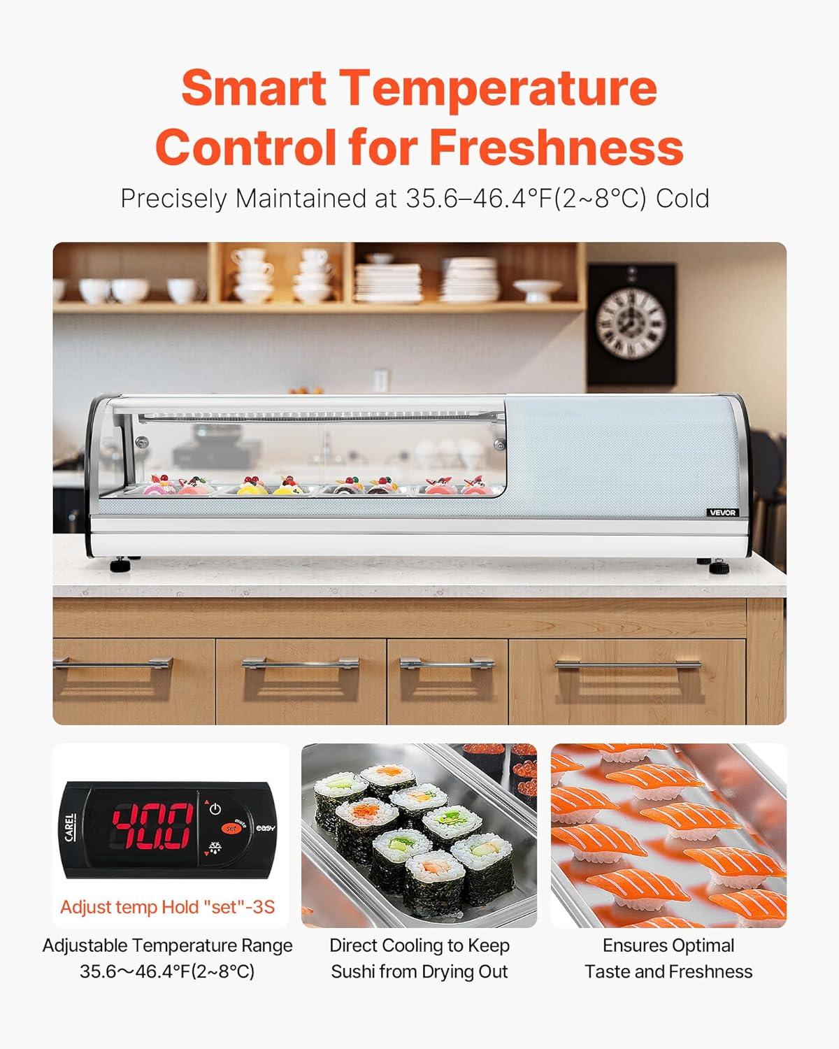 image:imageVEVOR Sushi Display Case Refrigerator 22 Cuft Commercial Sushi Case 6Pan Countertop Showcase with Curved Glass LED Lighting and Digital Temperature Control for SushiBar Restaurant Store4567in 4 Pan
