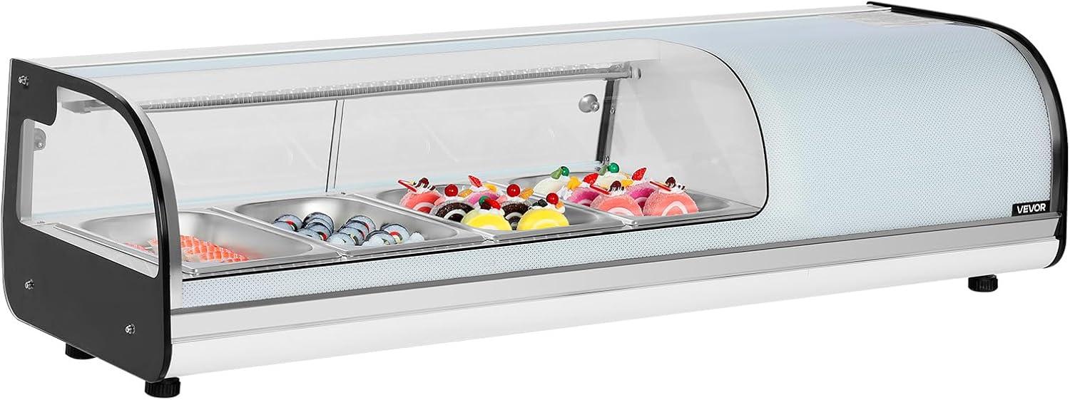 image:imageVEVOR Sushi Display Case Refrigerator 22 Cuft Commercial Sushi Case 6Pan Countertop Showcase with Curved Glass LED Lighting and Digital Temperature Control for SushiBar Restaurant Store4567in 4 Pan