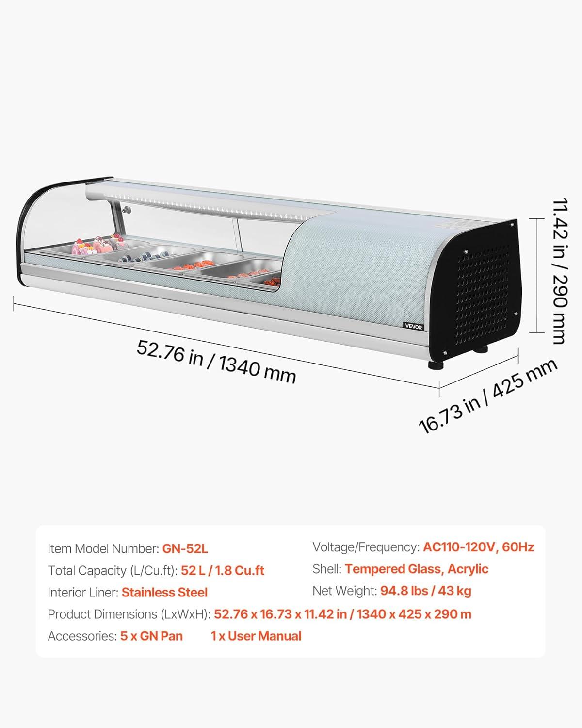 image:imageVEVOR Sushi Display Case Refrigerator 22 Cuft Commercial Sushi Case 6Pan Countertop Showcase with Curved Glass LED Lighting and Digital Temperature Control for SushiBar Restaurant Store5276in 5 Pan