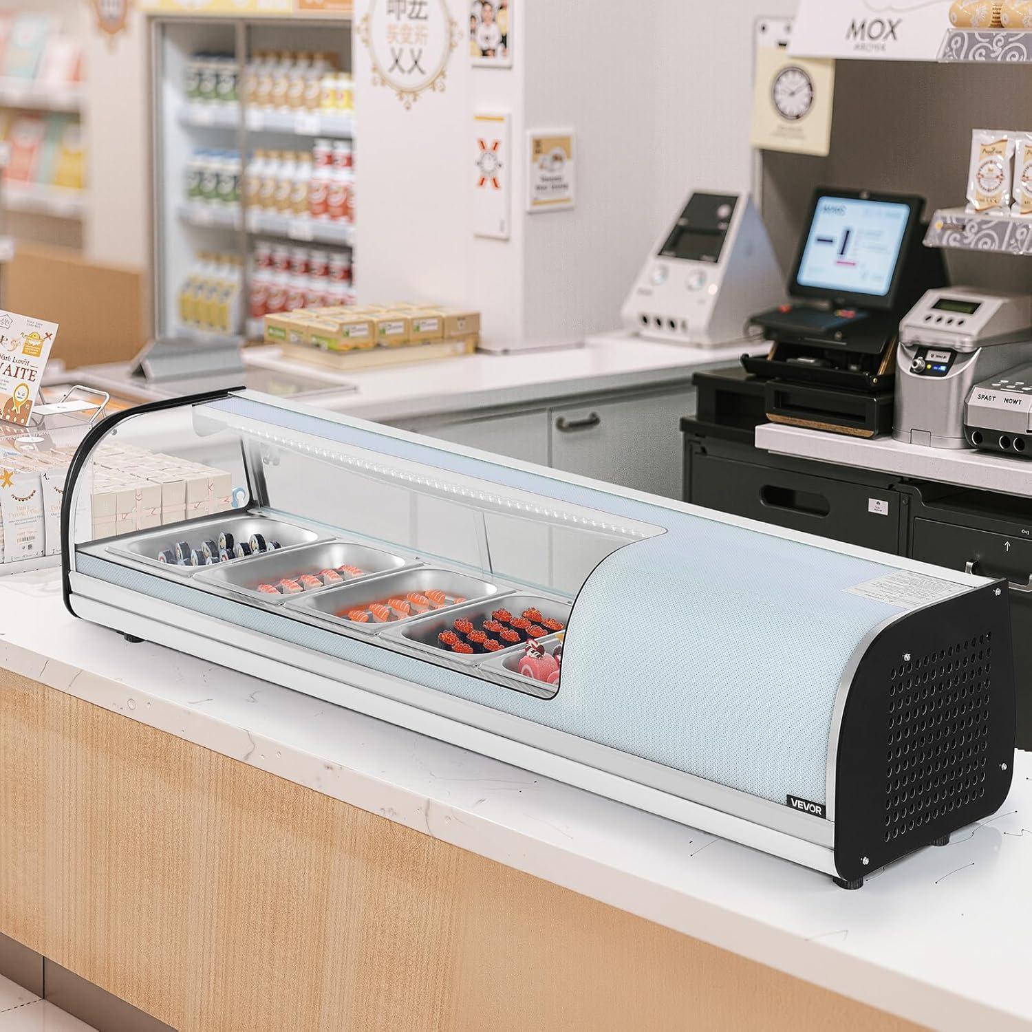 image:imageVEVOR Sushi Display Case Refrigerator 22 Cuft Commercial Sushi Case 6Pan Countertop Showcase with Curved Glass LED Lighting and Digital Temperature Control for SushiBar Restaurant Store5276in 5 Pan