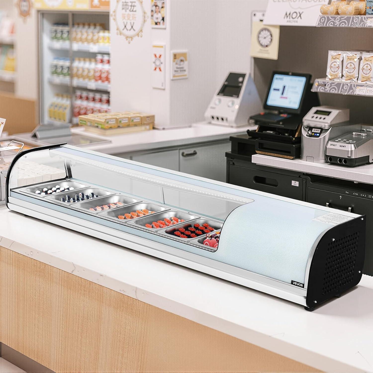 image:imageVEVOR Sushi Display Case Refrigerator 22 Cuft Commercial Sushi Case 6Pan Countertop Showcase with Curved Glass LED Lighting and Digital Temperature Control for SushiBar Restaurant Store6653in 7 Pan