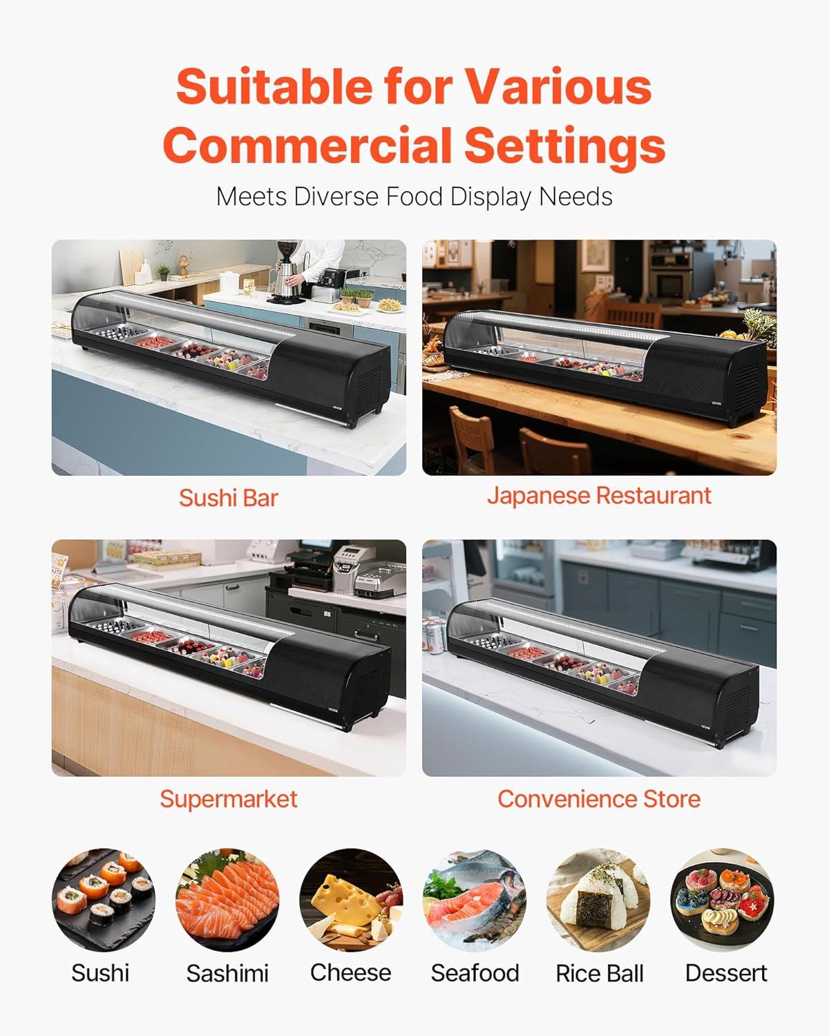 image:imageVEVOR Sushi Display Case Refrigerator 22 Cuft Commercial Sushi Case 6Pan Countertop Showcase with Curved Glass LED Lighting and Digital Temperature Control for SushiBar Restaurant Store7028in 5 Pan