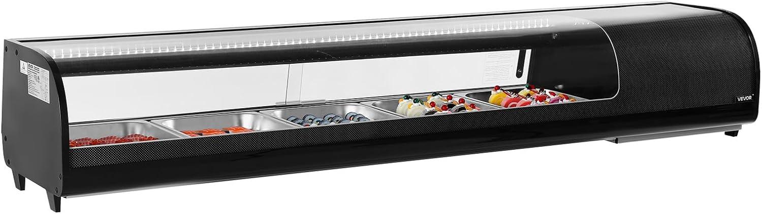 image:imageVEVOR Sushi Display Case Refrigerator 22 Cuft Commercial Sushi Case 6Pan Countertop Showcase with Curved Glass LED Lighting and Digital Temperature Control for SushiBar Restaurant Store7028in 5 Pan