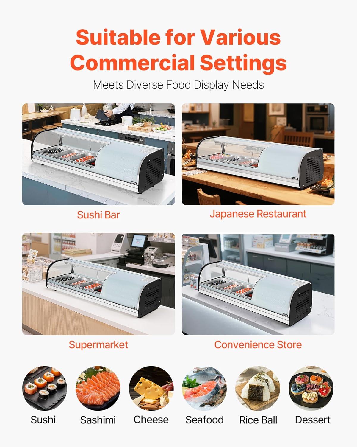 image:imageVEVOR Sushi Display Case Refrigerator 22 Cuft Commercial Sushi Case 6Pan Countertop Showcase with Curved Glass LED Lighting and Digital Temperature Control for SushiBar Restaurant Store4567in 4 Pan