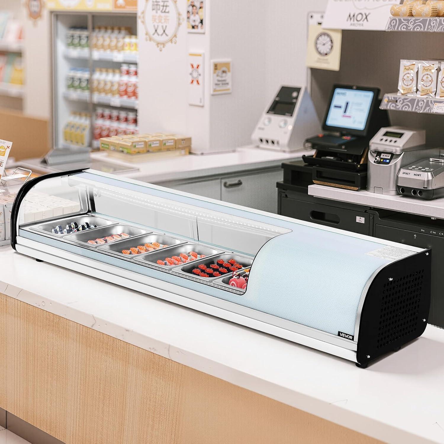 image:imageVEVOR Sushi Display Case Refrigerator 22 Cuft Commercial Sushi Case 6Pan Countertop Showcase with Curved Glass LED Lighting and Digital Temperature Control for SushiBar Restaurant Store5945in 6 Pan