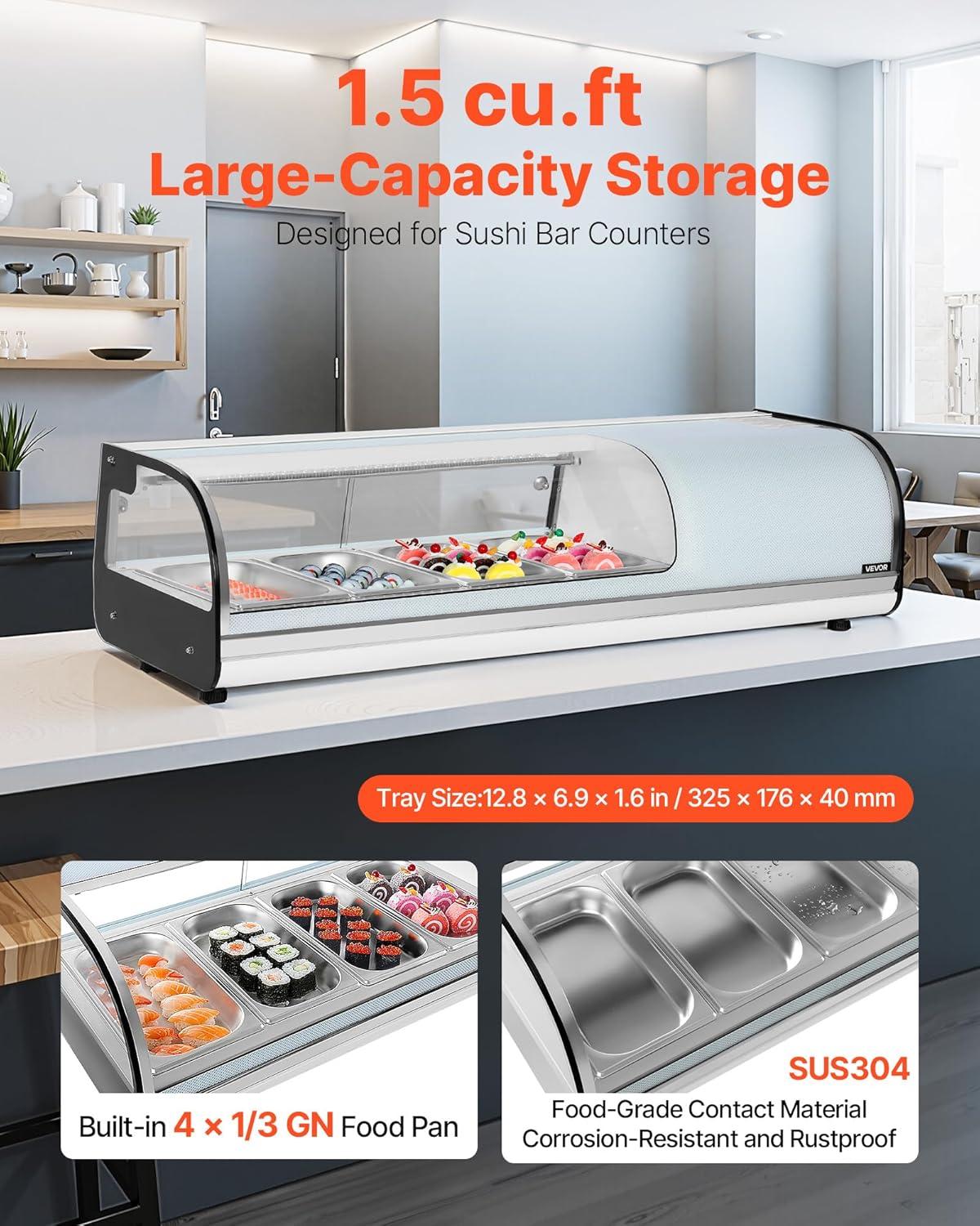 image:imageVEVOR Sushi Display Case Refrigerator 22 Cuft Commercial Sushi Case 6Pan Countertop Showcase with Curved Glass LED Lighting and Digital Temperature Control for SushiBar Restaurant Store4567in 4 Pan