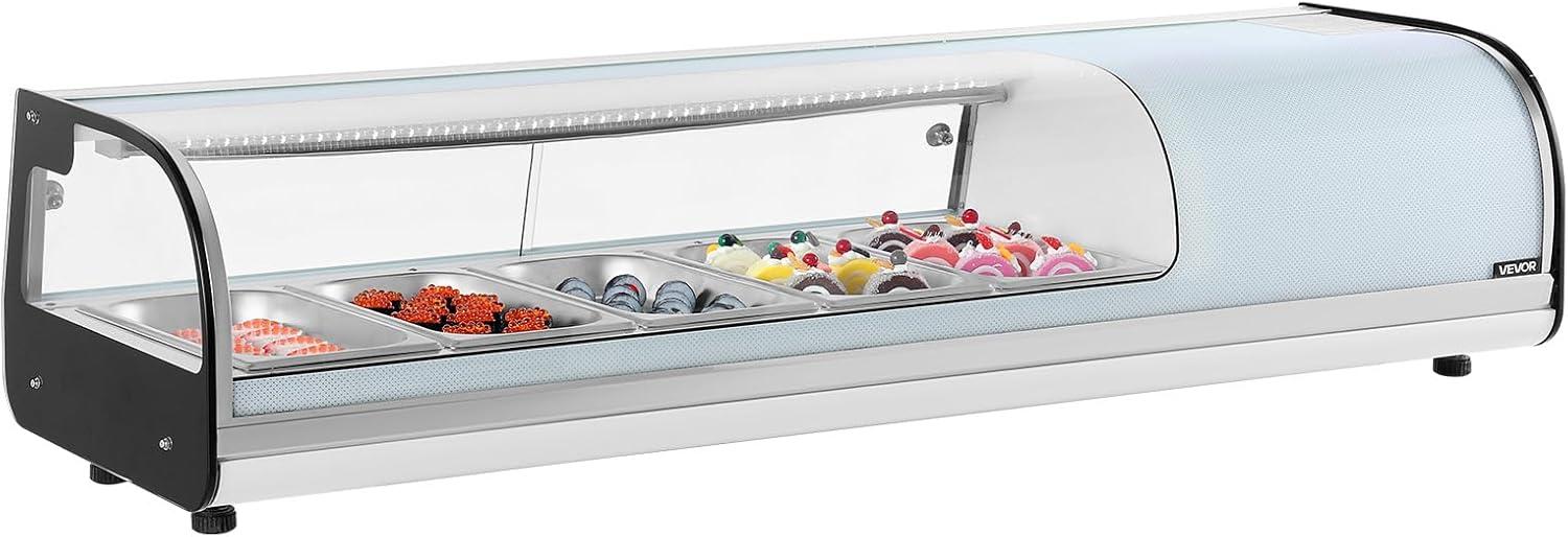 image:imageVEVOR Sushi Display Case Refrigerator 22 Cuft Commercial Sushi Case 6Pan Countertop Showcase with Curved Glass LED Lighting and Digital Temperature Control for SushiBar Restaurant Store5276in 5 Pan