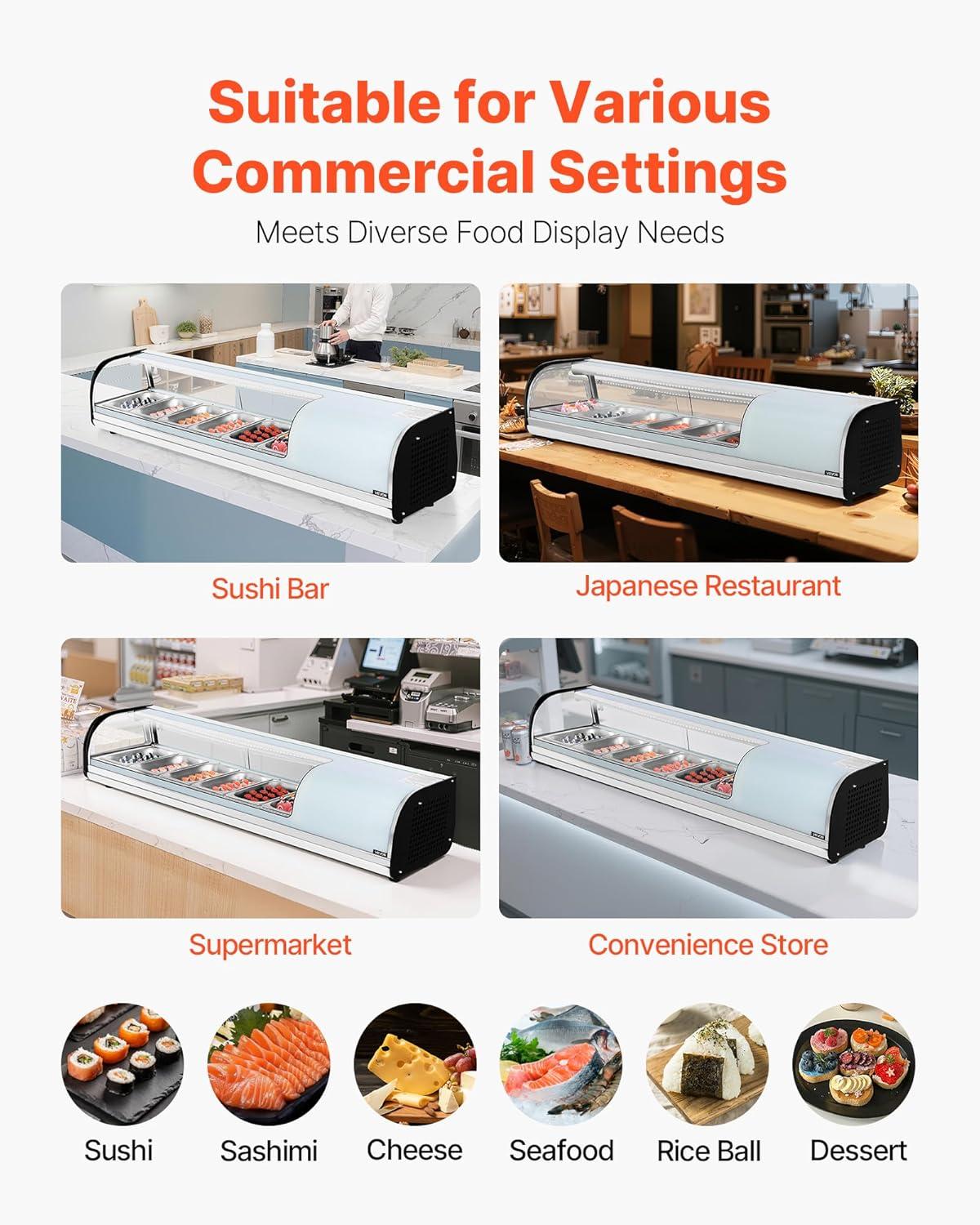 image:imageVEVOR Sushi Display Case Refrigerator 22 Cuft Commercial Sushi Case 6Pan Countertop Showcase with Curved Glass LED Lighting and Digital Temperature Control for SushiBar Restaurant Store5945in 6 Pan