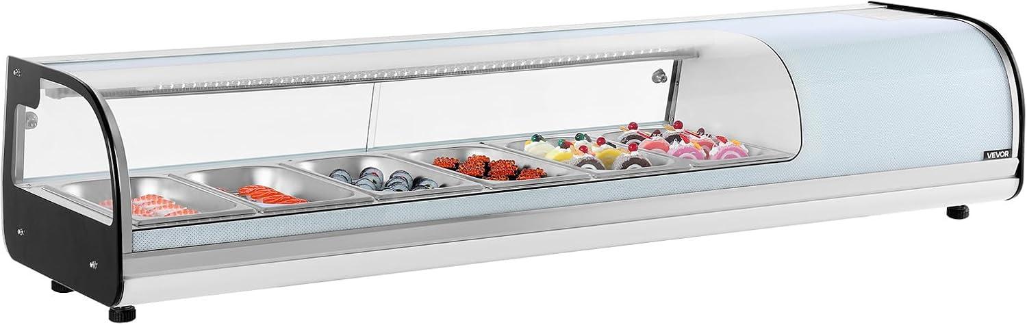 image:imageVEVOR Sushi Display Case Refrigerator 22 Cuft Commercial Sushi Case 6Pan Countertop Showcase with Curved Glass LED Lighting and Digital Temperature Control for SushiBar Restaurant Store5945in 6 Pan