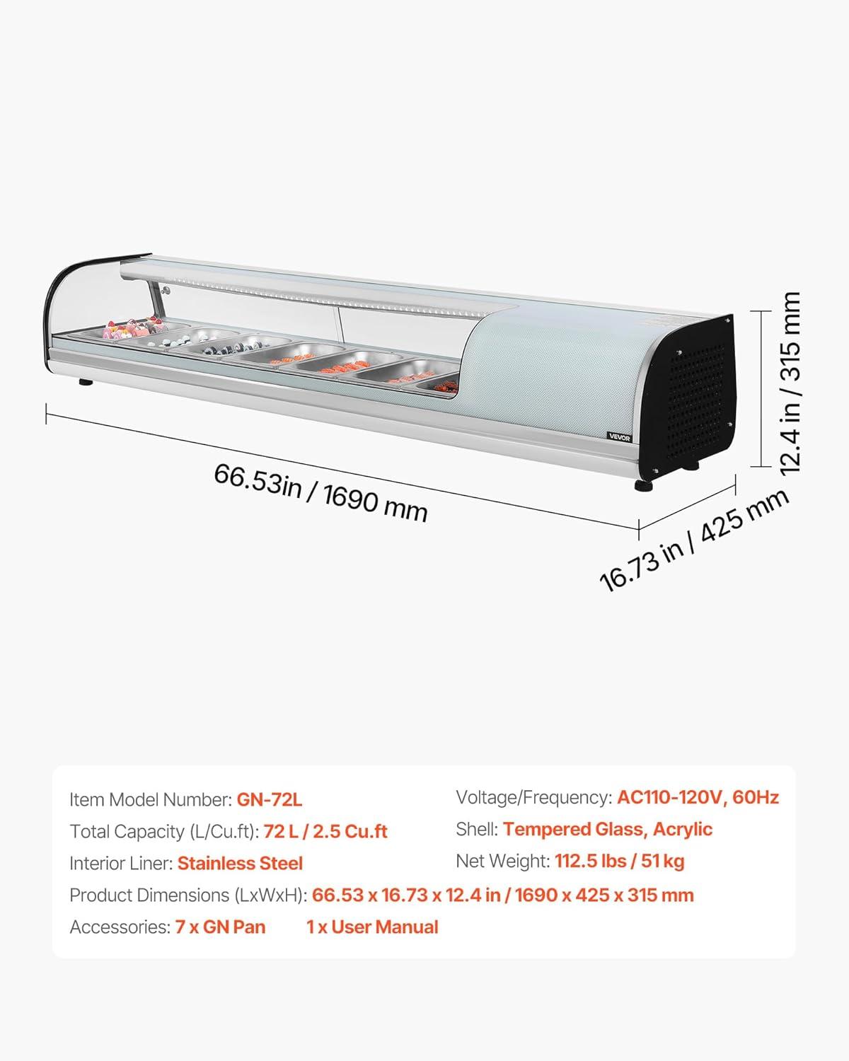 image:imageVEVOR Sushi Display Case Refrigerator 22 Cuft Commercial Sushi Case 6Pan Countertop Showcase with Curved Glass LED Lighting and Digital Temperature Control for SushiBar Restaurant Store6653in 7 Pan