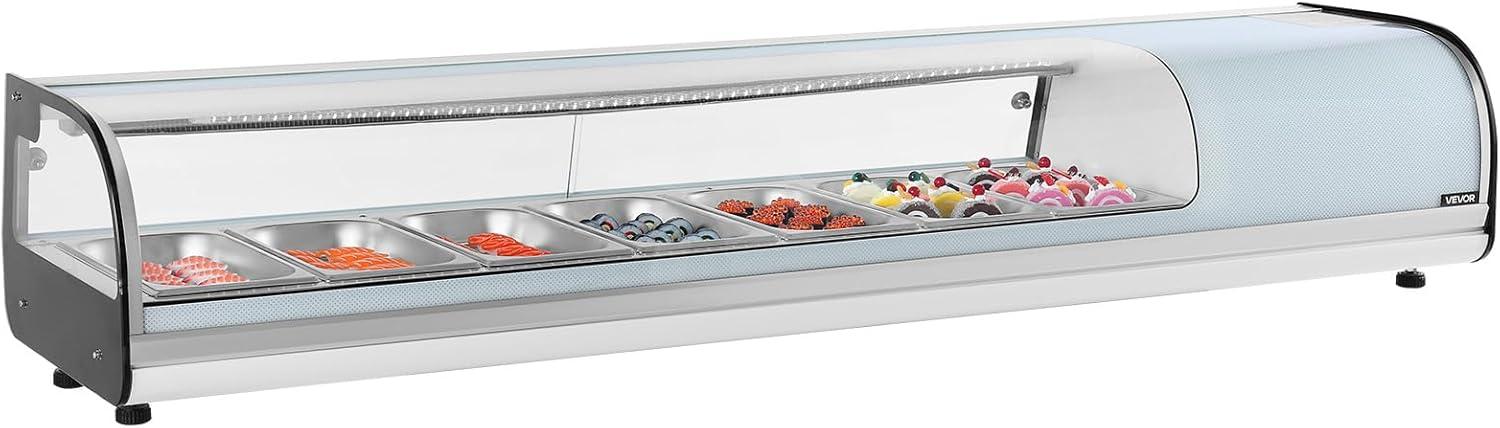 image:imageVEVOR Sushi Display Case Refrigerator 22 Cuft Commercial Sushi Case 6Pan Countertop Showcase with Curved Glass LED Lighting and Digital Temperature Control for SushiBar Restaurant Store6653in 7 Pan