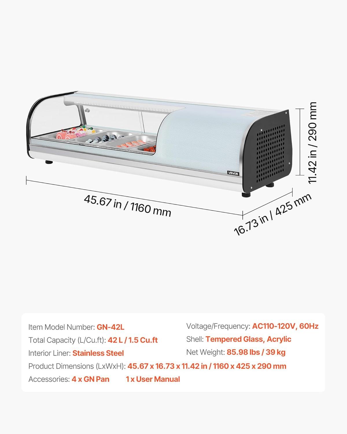 image:imageVEVOR Sushi Display Case Refrigerator 22 Cuft Commercial Sushi Case 6Pan Countertop Showcase with Curved Glass LED Lighting and Digital Temperature Control for SushiBar Restaurant Store4567in 4 Pan