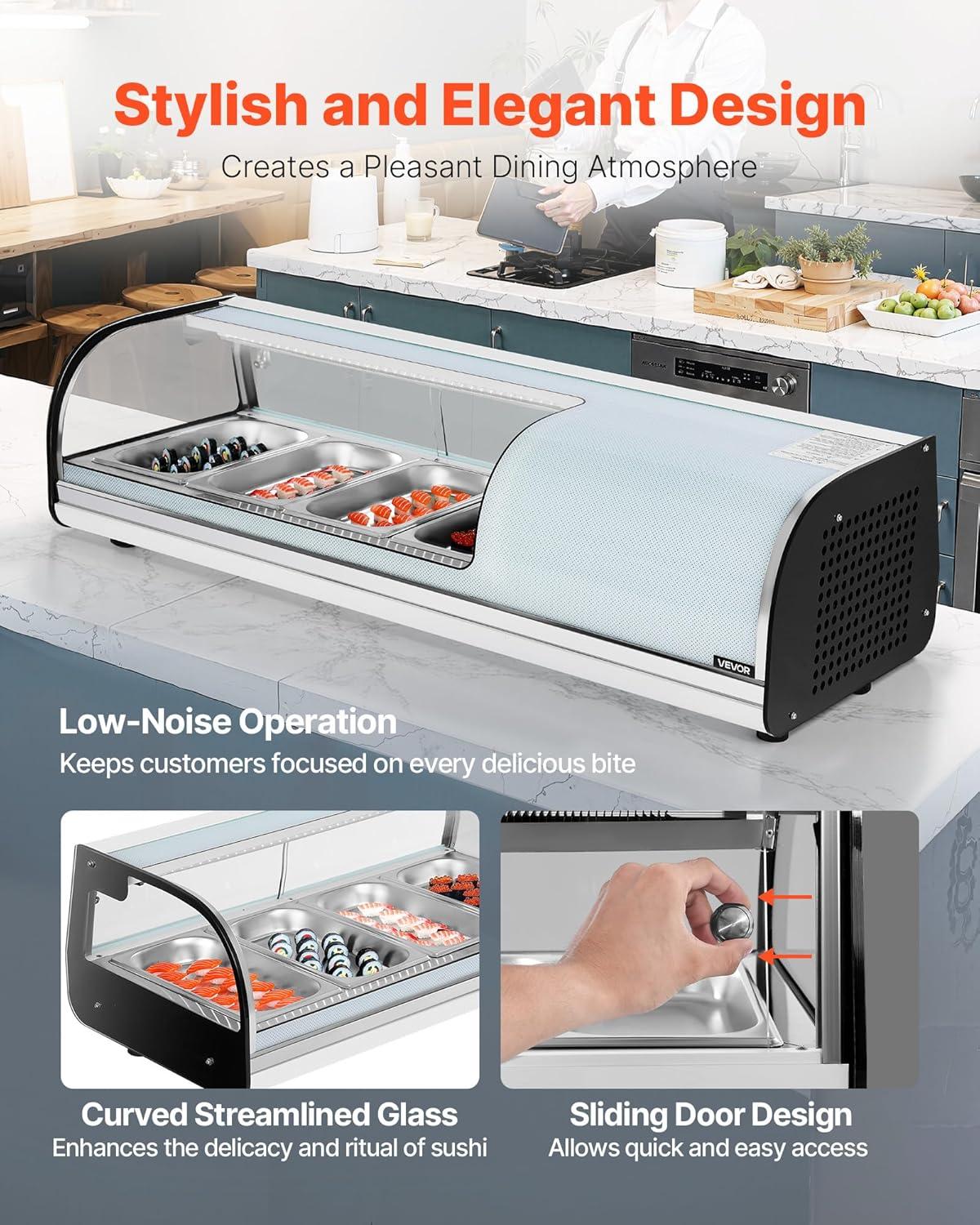 image:imageVEVOR Sushi Display Case Refrigerator 22 Cuft Commercial Sushi Case 6Pan Countertop Showcase with Curved Glass LED Lighting and Digital Temperature Control for SushiBar Restaurant Store4567in 4 Pan