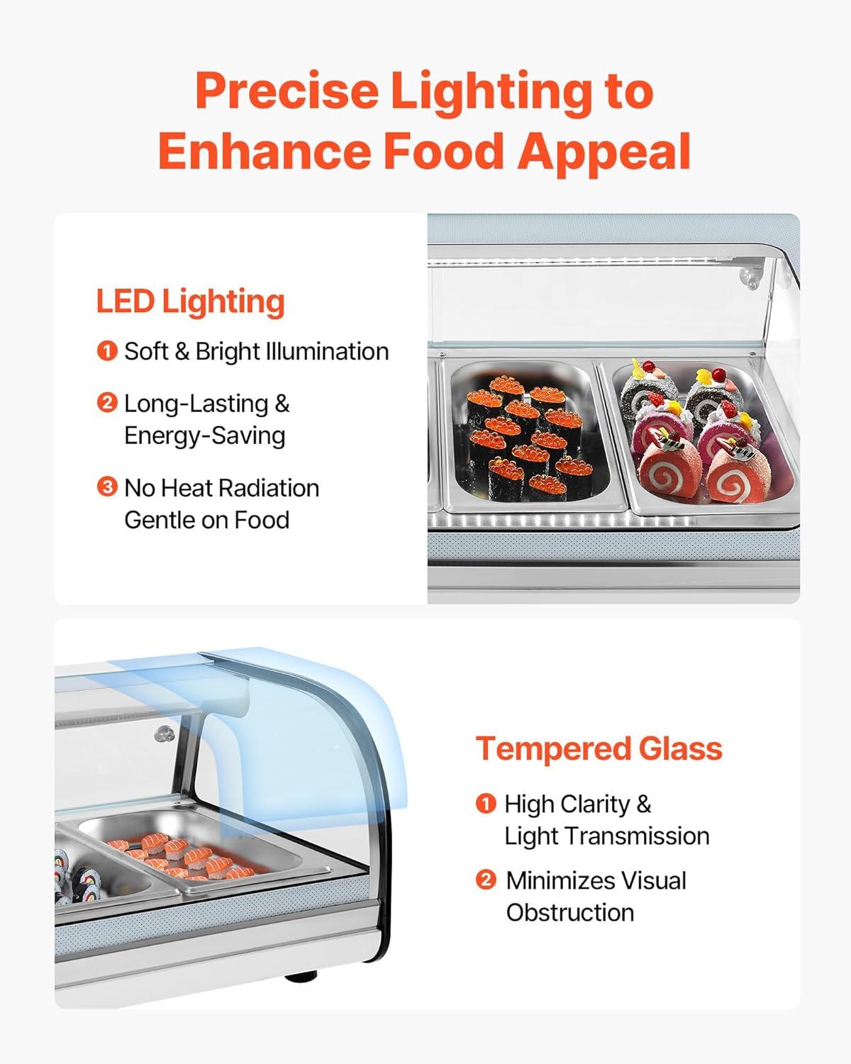 image:imageVEVOR Sushi Display Case Refrigerator 22 Cuft Commercial Sushi Case 6Pan Countertop Showcase with Curved Glass LED Lighting and Digital Temperature Control for SushiBar Restaurant Store4567in 4 Pan
