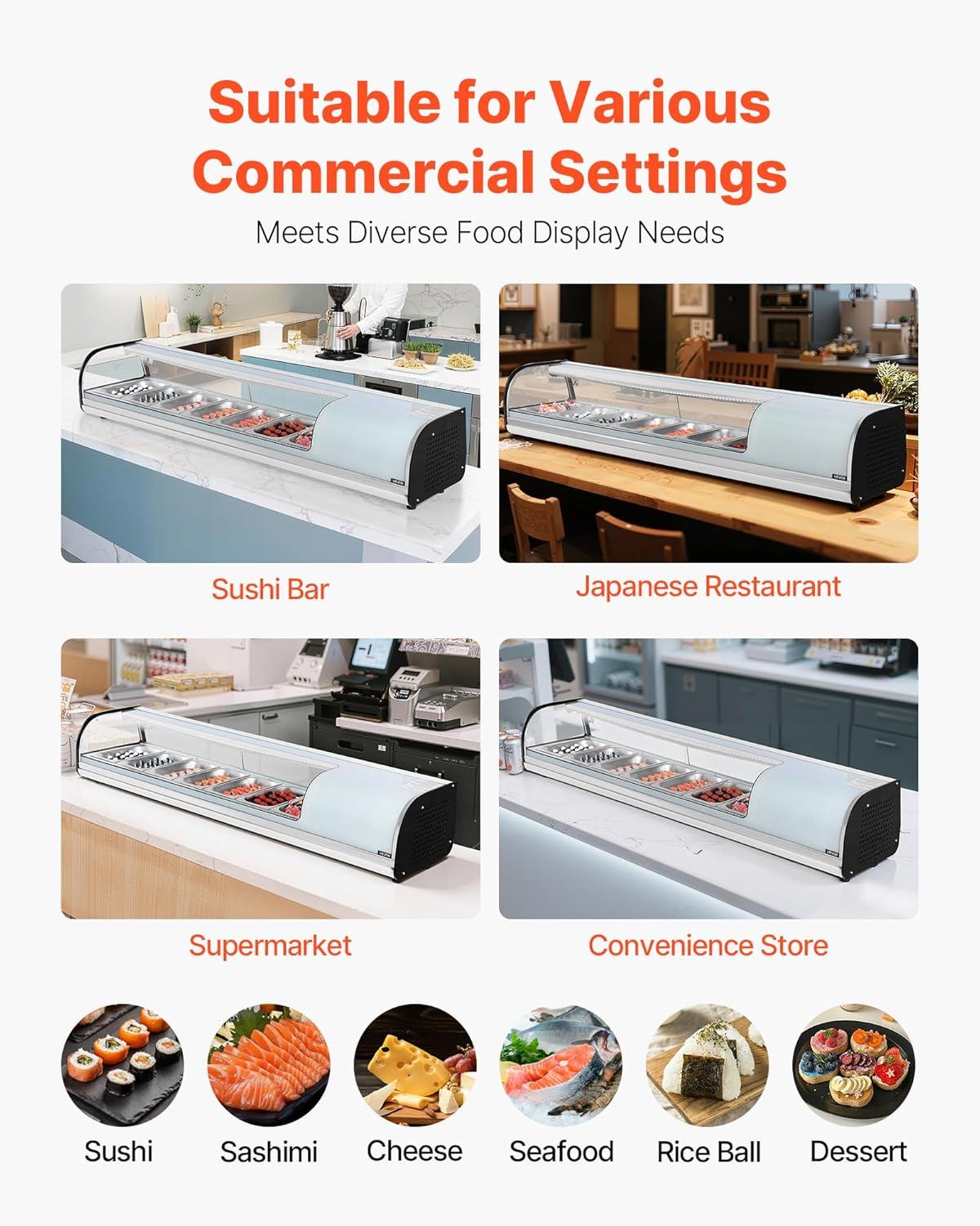 image:imageVEVOR Sushi Display Case Refrigerator 22 Cuft Commercial Sushi Case 6Pan Countertop Showcase with Curved Glass LED Lighting and Digital Temperature Control for SushiBar Restaurant Store6653in 7 Pan