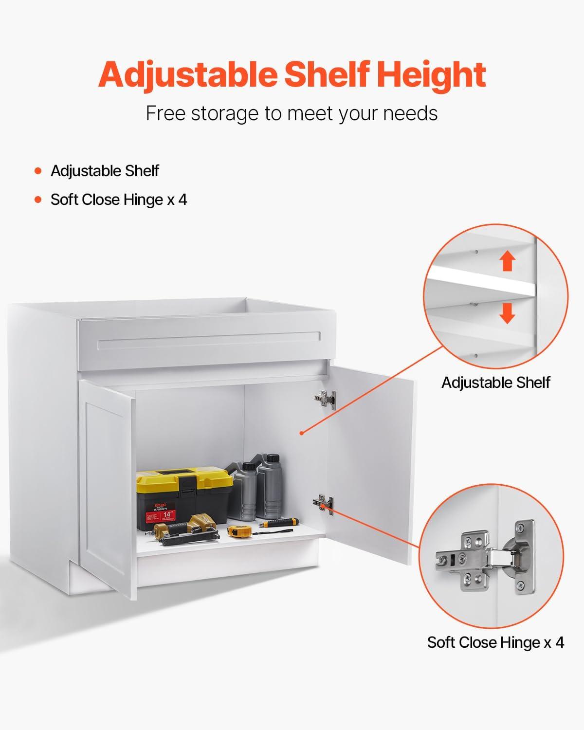 image:imageVEVOR White Shaker Base Cabinet 36Inch Unassembled Sink Base Cabinet 36 W x 24 D x 345 H Ready to Assemble Cabinet with SoftClose Doors and Adjustable Shelf for Home Office36W Sink Base Cabinet