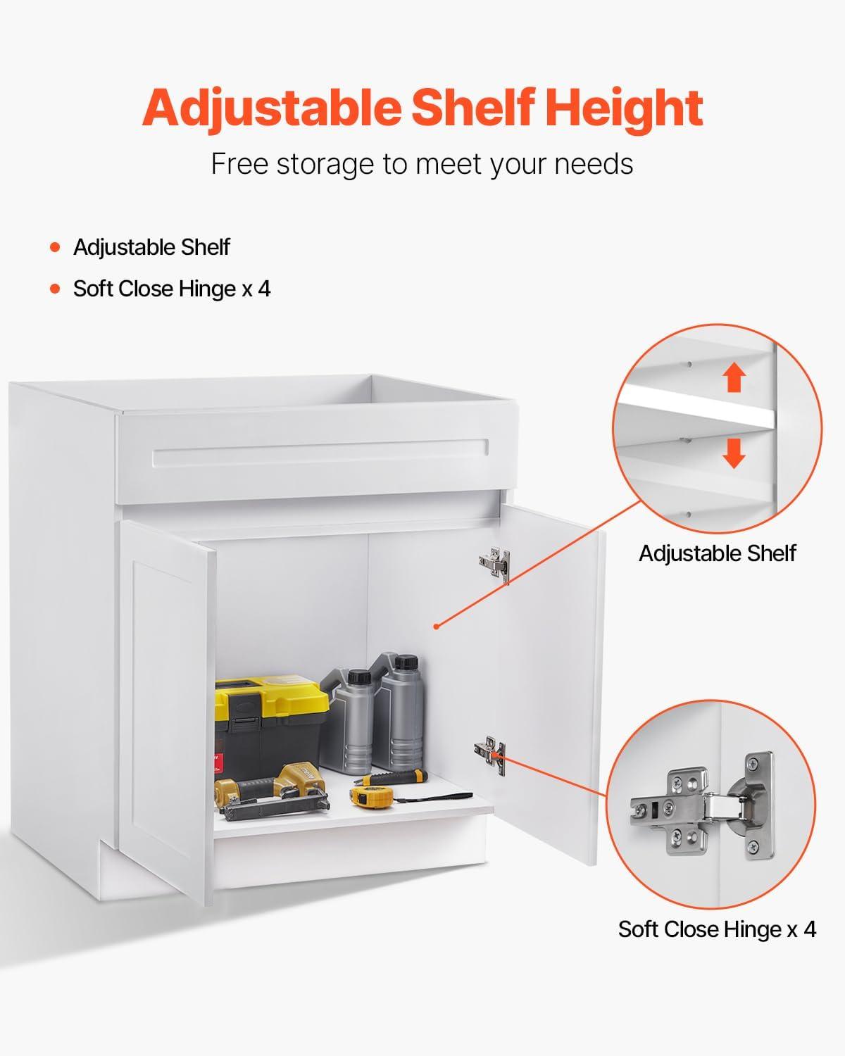 image:imageVEVOR White Shaker Base Cabinet 36Inch Unassembled Sink Base Cabinet 36 W x 24 D x 345 H Ready to Assemble Cabinet with SoftClose Doors and Adjustable Shelf for Home Office30W Sink Base Cabinet