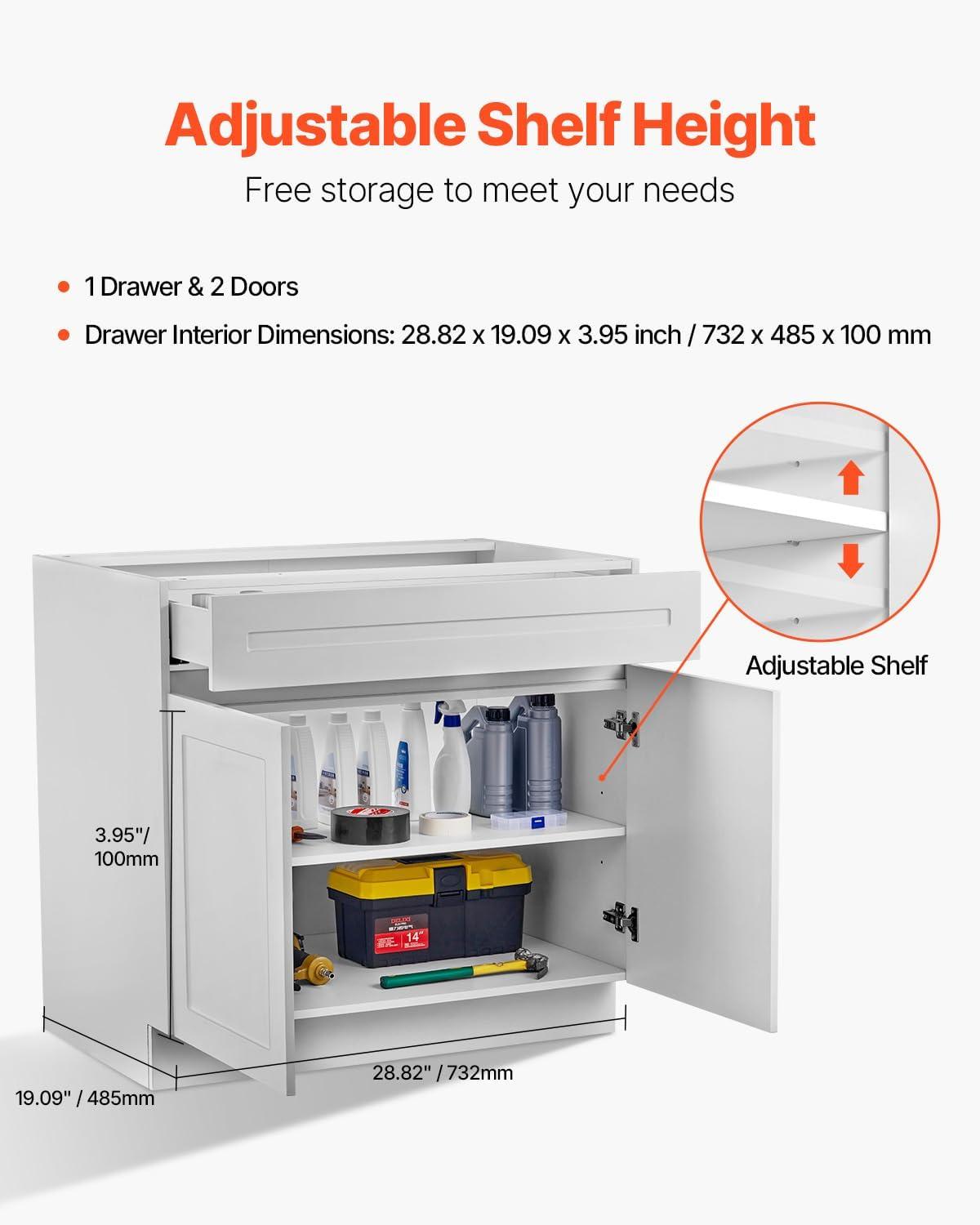 image:imageVEVOR White Shaker Base Cabinet 36Inch Unassembled Sink Base Cabinet 36 W x 24 D x 345 H Ready to Assemble Cabinet with SoftClose Doors and Adjustable Shelf for Home Office30W Base Cabinet
