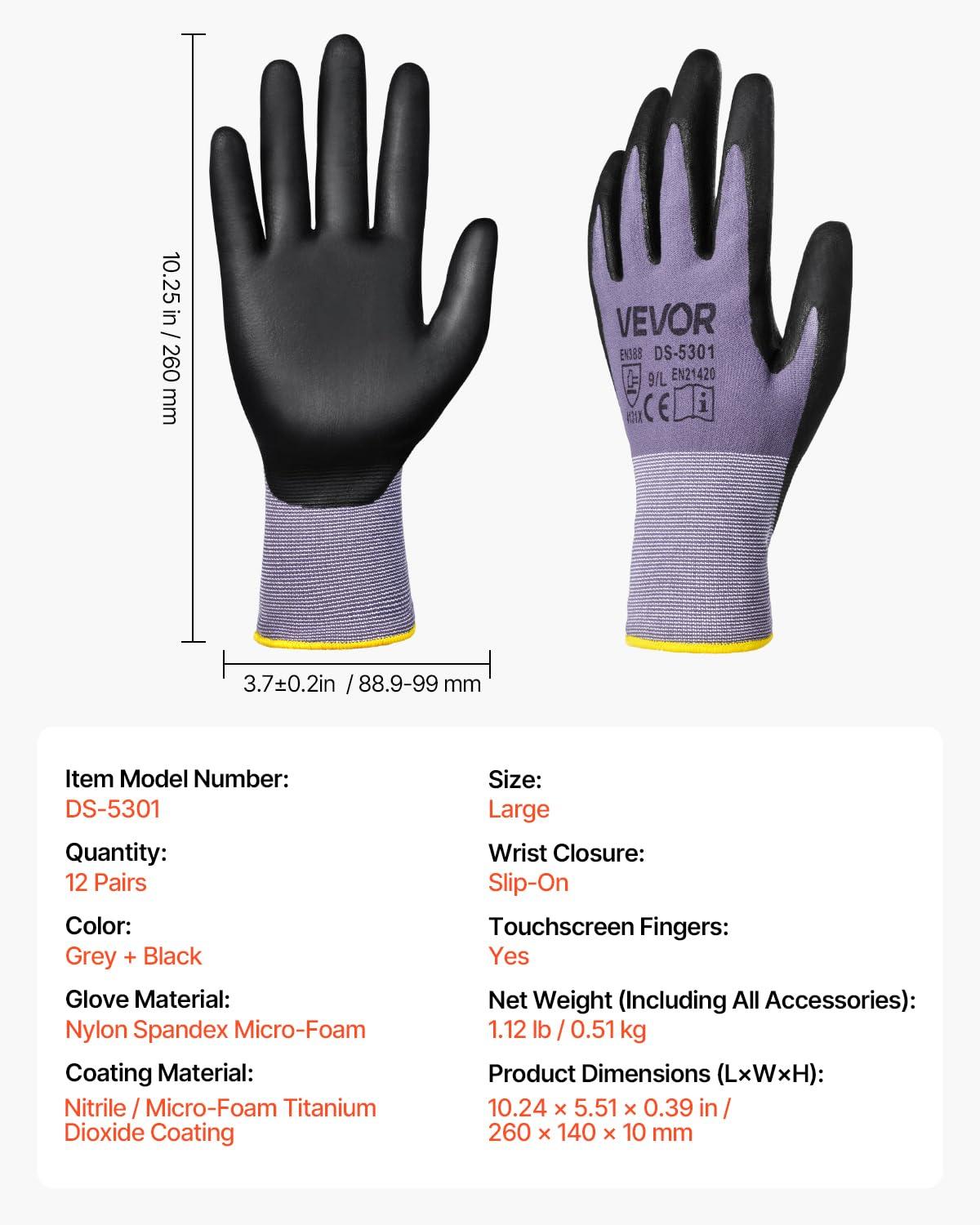 image:imageVEVOR Work Gloves 12 Pairs Touch Screen NitrileCoated Garden Construction Gloves