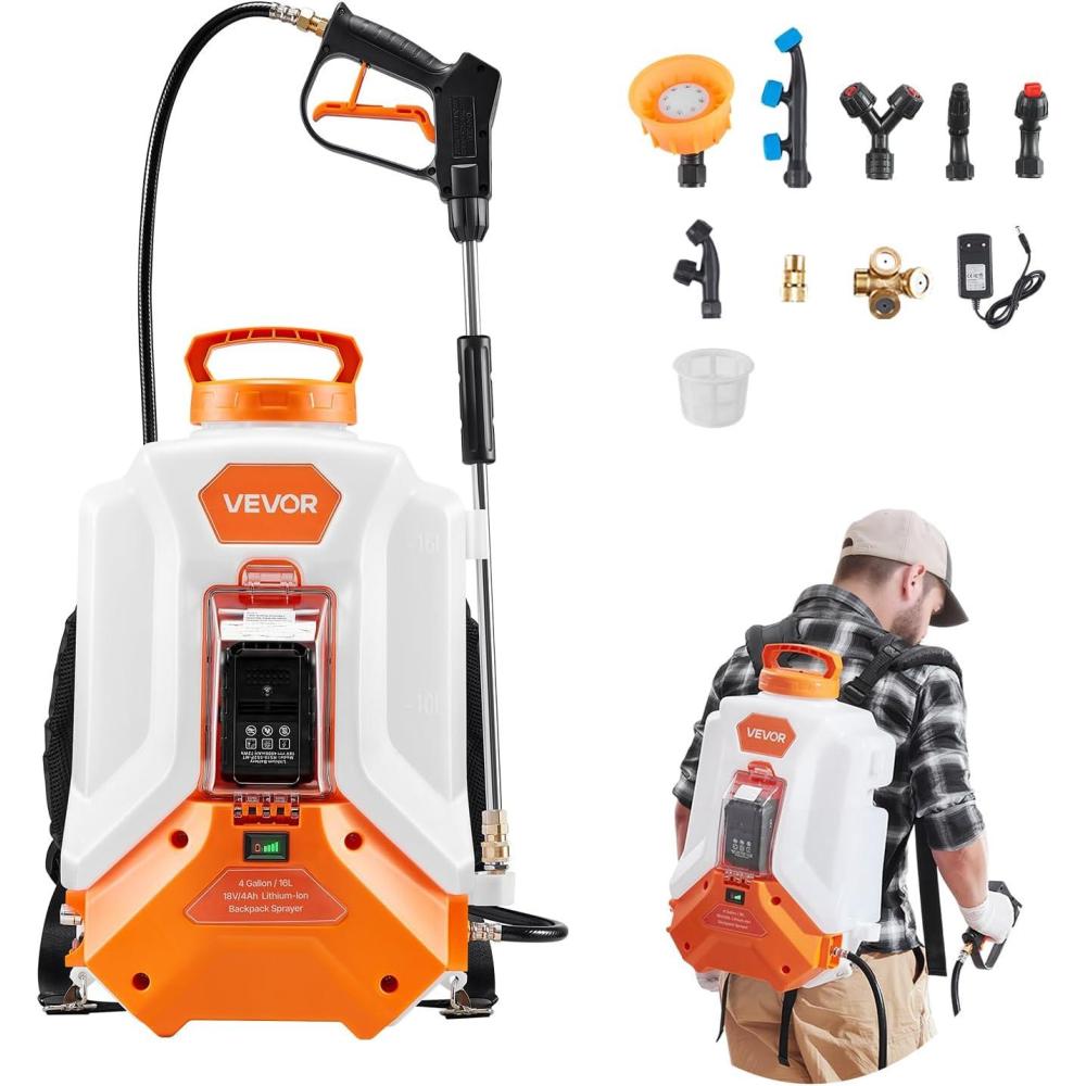 image:imageVEVOR Battery Powered Backpack Sprayer Electric Back Pack Sprayer 4 Gallon 2 Wands amp 8 Nozzles Adjustable 090 PSI 4H Runtime Portable Lawn amp Garden Sprayers for Weeding Spraying Cleaning
