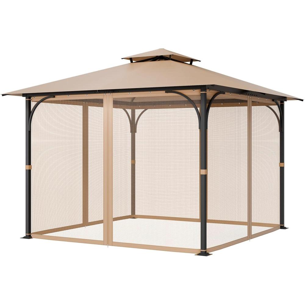 image:imageVEVOR Gazebo Netting Replacement Fit Most 10 x 10 x 67 FT Gazebo Curtain Outdoor Garden Net 4Panel Sidewall Mesh Net Patio Midge Nettings with Double Zipper Canopy Screen Netting OnlyKhaki