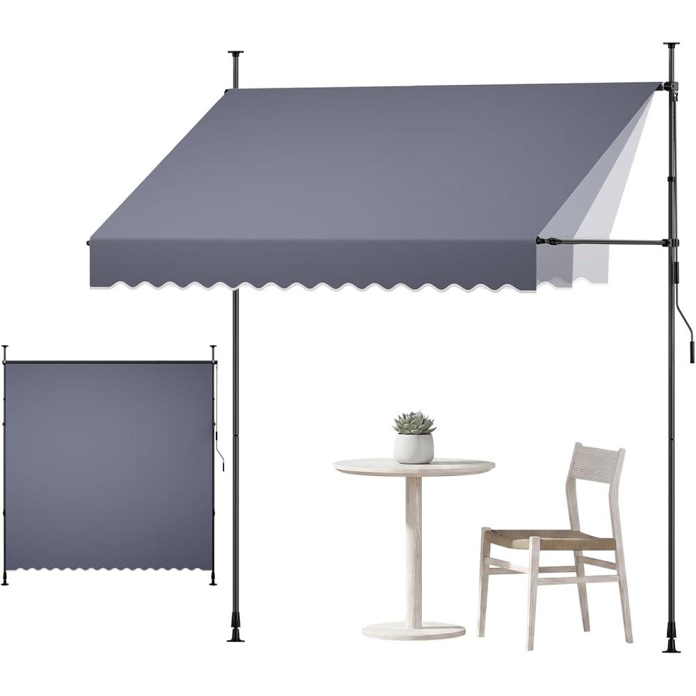 image:imageVEVOR Manual Retractable Awning 98 Outdoor Retractable Patio Awning Sunshade Shelter Height Adjustable Patio Door Window Canopy with Manual Crank Handle for Backyard Garden Balcony Dark Gray