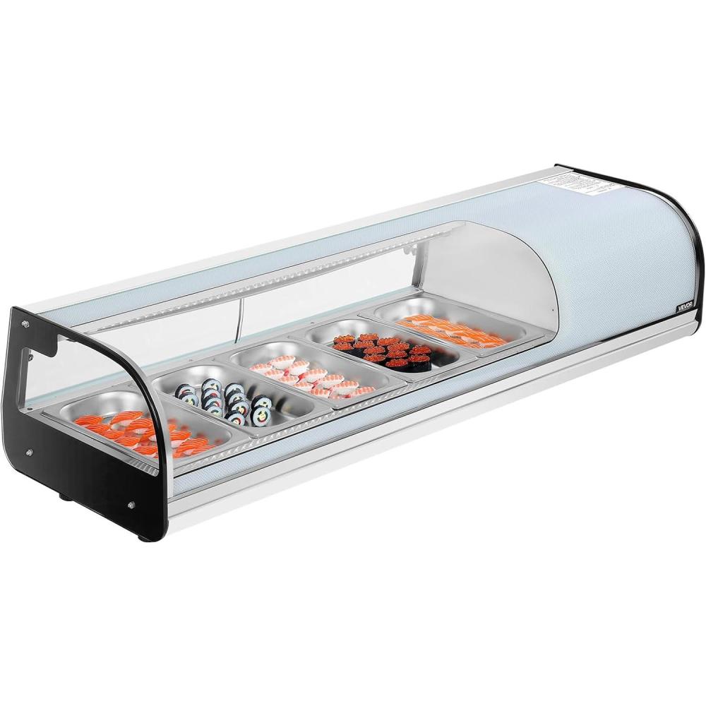 image:imageVEVOR Sushi Display Case Refrigerator 22 Cuft Commercial Sushi Case 6Pan Countertop Showcase with Curved Glass LED Lighting and Digital Temperature Control for SushiBar Restaurant Store5276in 5 Pan