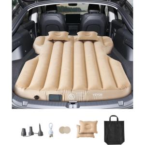 VEVOR Car Air Mattress, Fits Tesla Model Y (2020-2024), Inflatable Car Camping Mattress, Flocking Thickened Blow Up Travel Beds, Durable Portable Sleeping Pad with Built in Pump, 2 Pillows, Beige