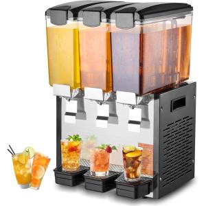 VEVOR Commercial Beverage Dispenser, 4 Tanks 10 L / 10.6 QT Per Tank Juice Dispenser, 430W Stainless Steel Ice Tea Drink Machine with 45°F-54°F Cooling Temperature, for Cold Drink Restaurant Bar Party(3 Tanks × 10 L)