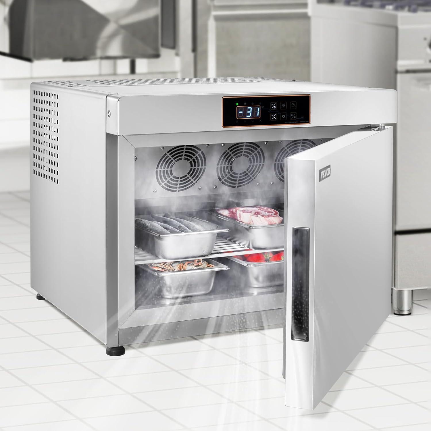 image:imageVEVOR 114 L Blast Chiller 5 Trays Commercial Flash Freezers lt3168Fgt 4 Modes Chest Shock Frozen 304 Stainless Steel Flash Freezer 360 Defrost Blast Chiller with Caster for Seafood Ice Cream32L