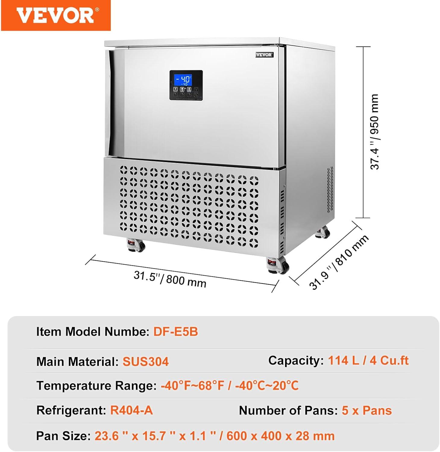 image:imageVEVOR 114 L Blast Chiller 5 Trays Commercial Flash Freezers lt3168Fgt 4 Modes Chest Shock Frozen 304 Stainless Steel Flash Freezer 360 Defrost Blast Chiller with Caster for Seafood Ice Cream114L