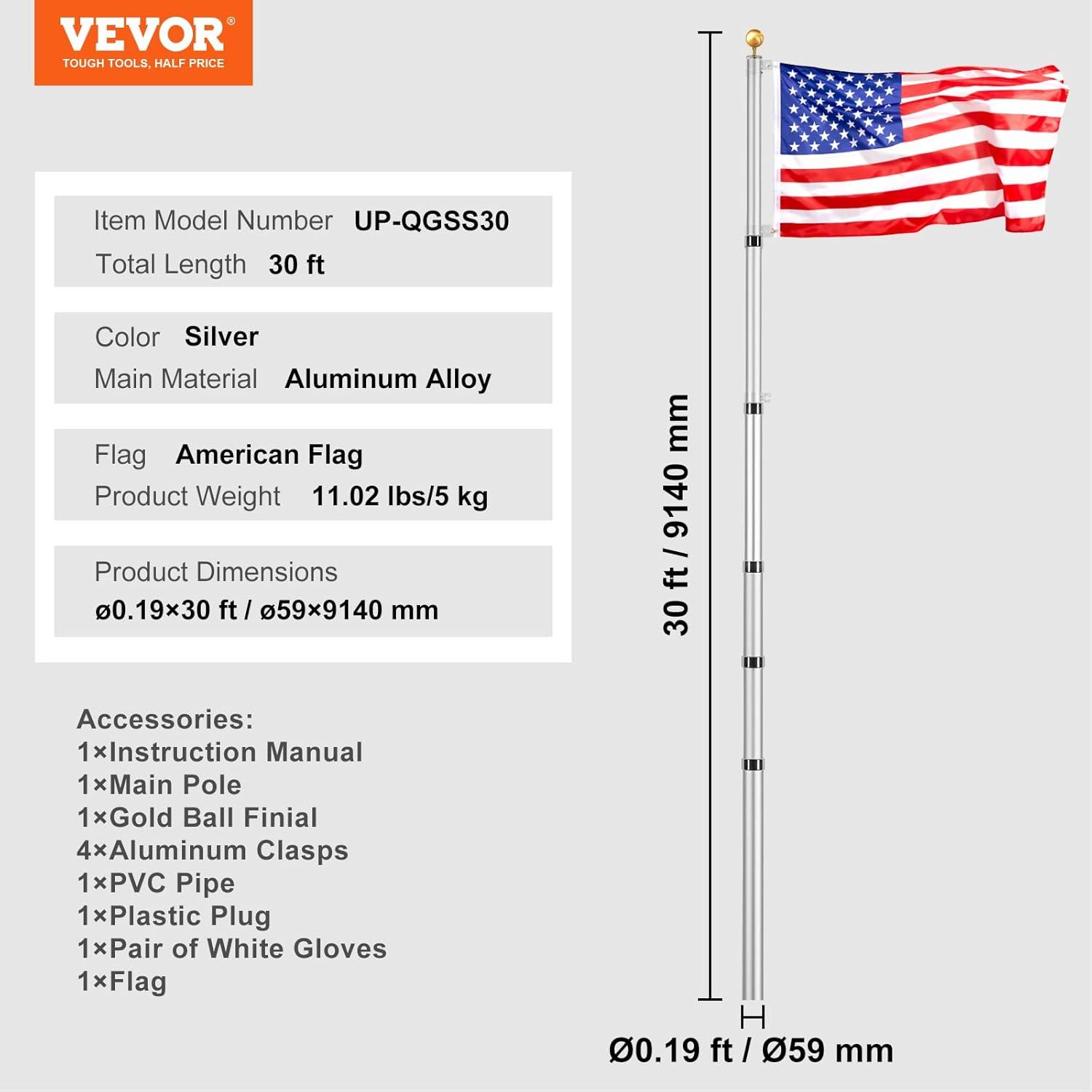 image:imageVEVOR 20FT Telescoping Flag Pole Kit Heavy Duty Aluminum Alloy in Ground Flag Poles for Outside 3 Display Modes Flagpole with 3x5 American Flag Professional Accessories SilverSilver